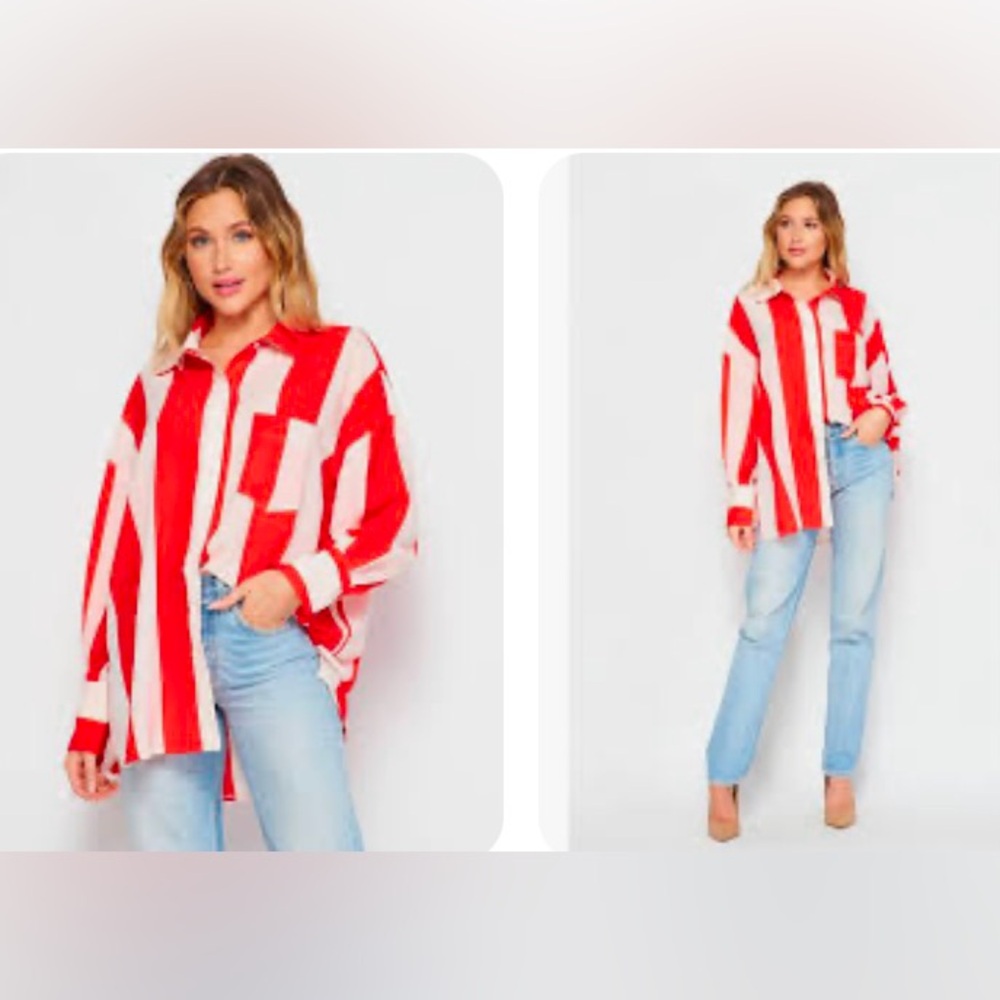 BIG HIT FASHION Stripe Button Down 
Red and White Striped Women's Blouse Shirt